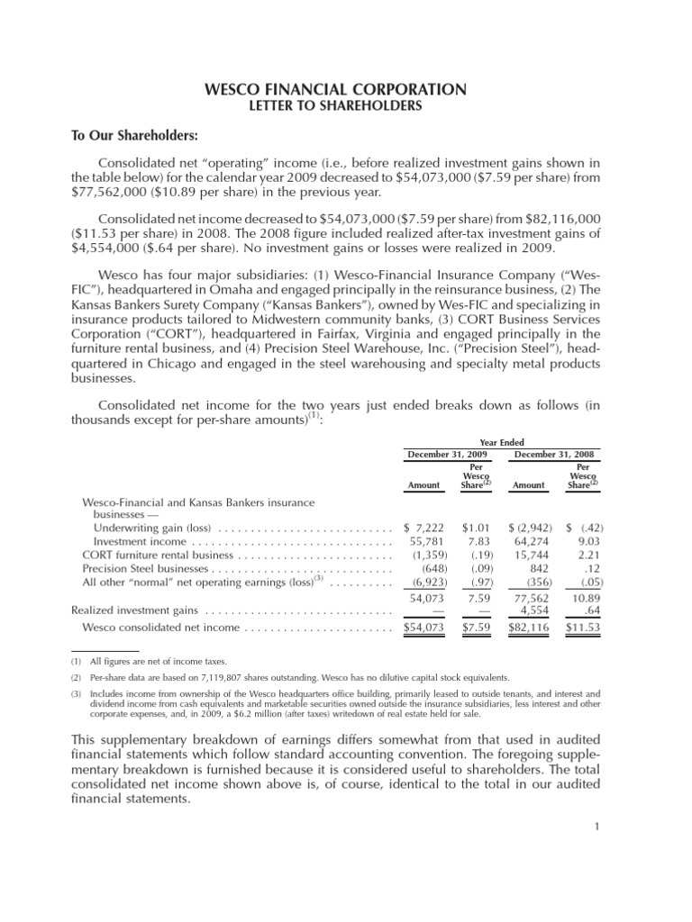 Wesco Financial Corporation Letter To Shareholders To Our Shareholders PDF Insurance Dividend