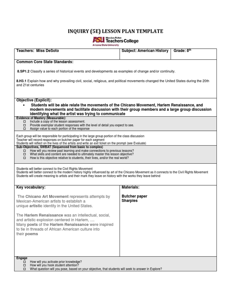 Harlem Renaissance 5E Lesson Plan | PDF | Harlem Renaissance | Lesson Plan