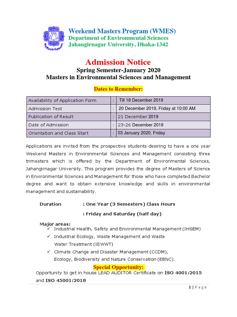 JU Weekend Masters in Environmental Science | PDF | Academic Degree ...