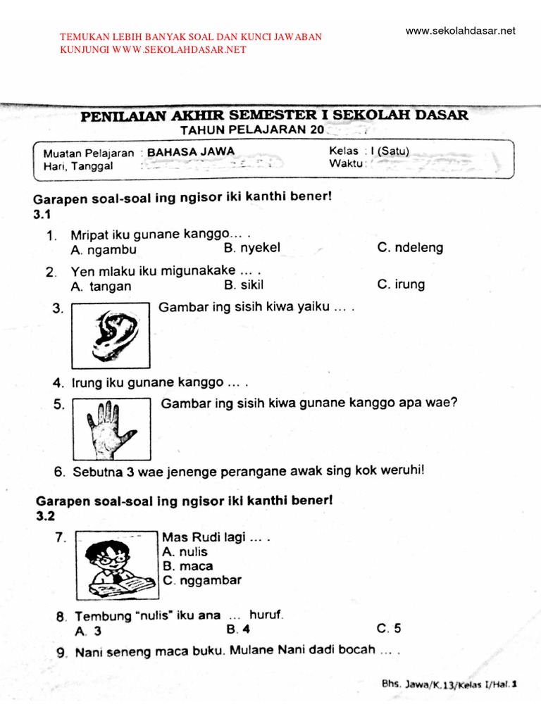 Soal Bahasa Jawa Kelas 1 Semester 1 Pdf