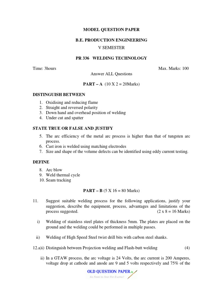 Welding Technology Question Paper PDF Welding Construction