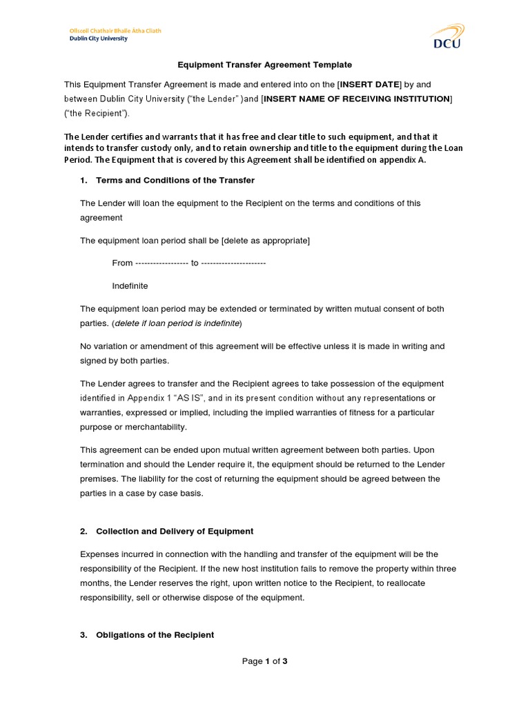 Equipment Transfer Agreement Template PDF Indemnity Loans