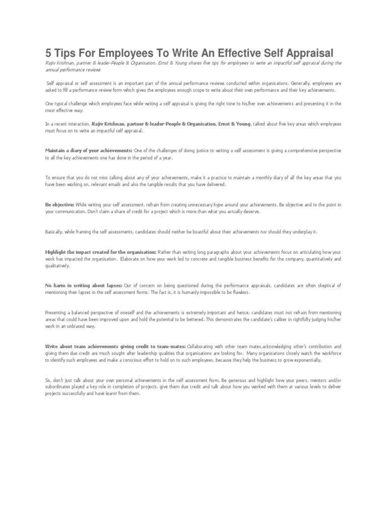 9 Tips For Employees To Write An Effective Self Appraisal  PDF