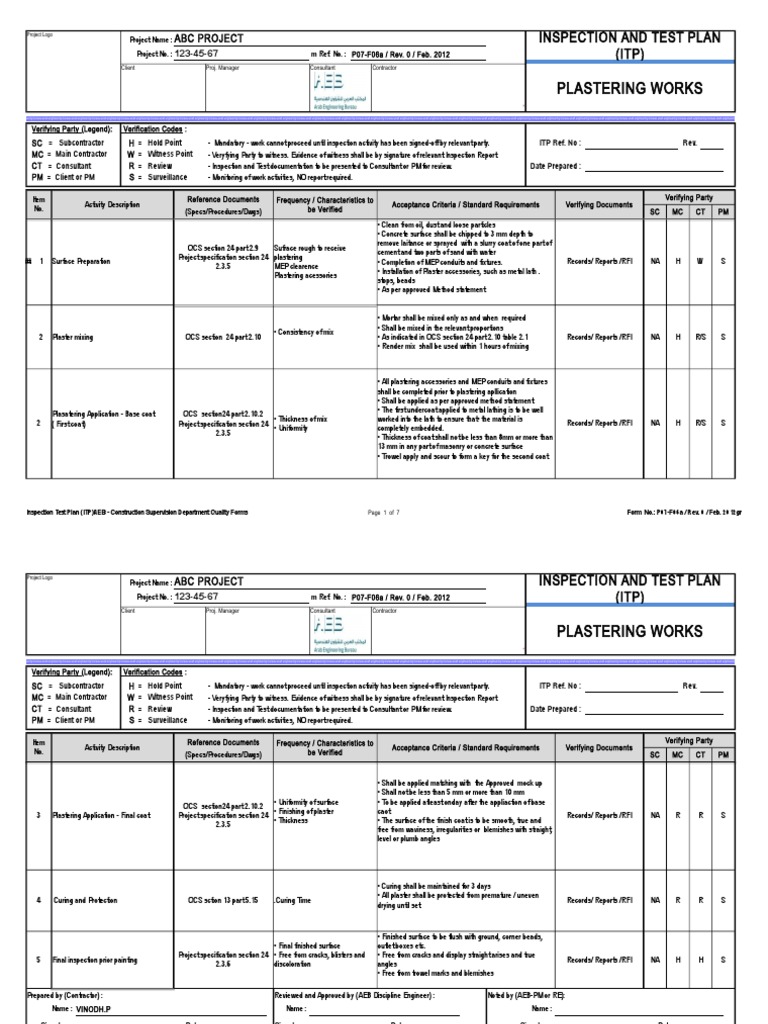 Plastering Works Inspection Test Plan | PDF | Industrial Processes ...