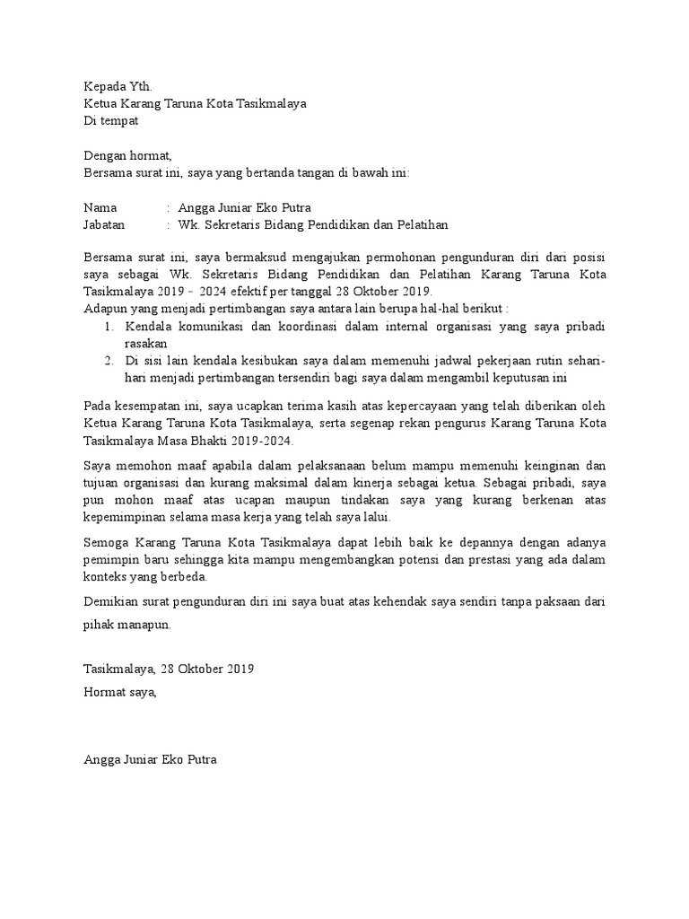 Contoh Surat Pengunduran Diri Dari Jabatan Ketua Karang Taruna | PDF