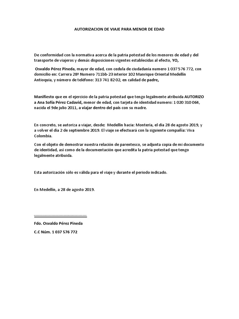 Autorizacion de Viaje para Menor de Edad | PDF