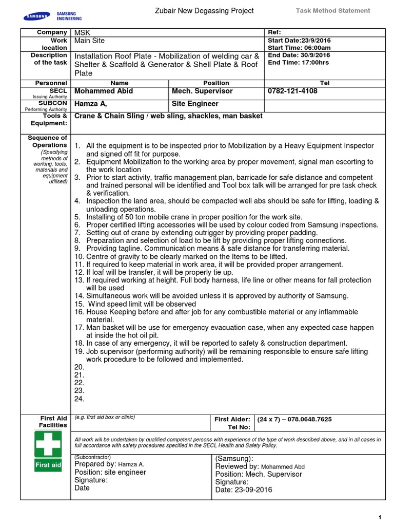 Lifting - SAMPLE-Method of Statment | PDF | Crane (Machine) | First Aid