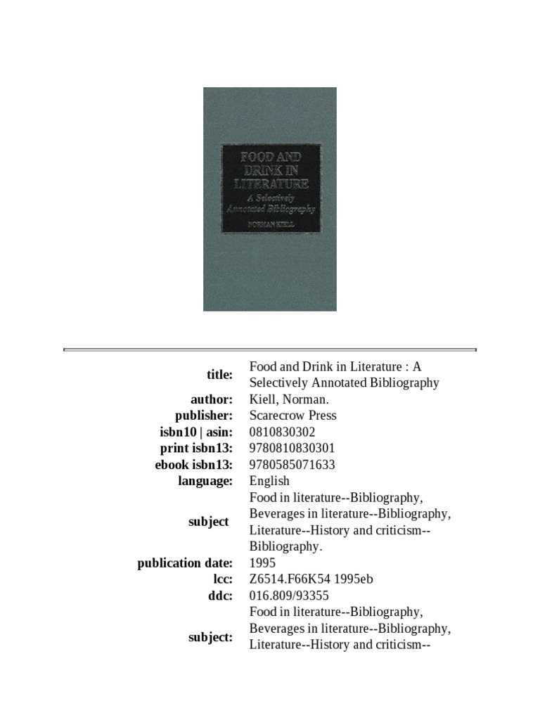 Norman Kiell Food And Drink In Literature Scarecrow Press 1995 Pdf Cookbooks Bibliography
