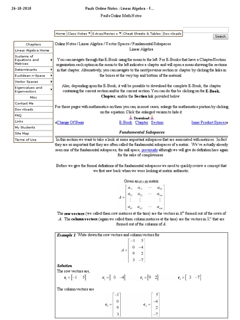Pauls online notes linear algebra fundamental subspaces basis 