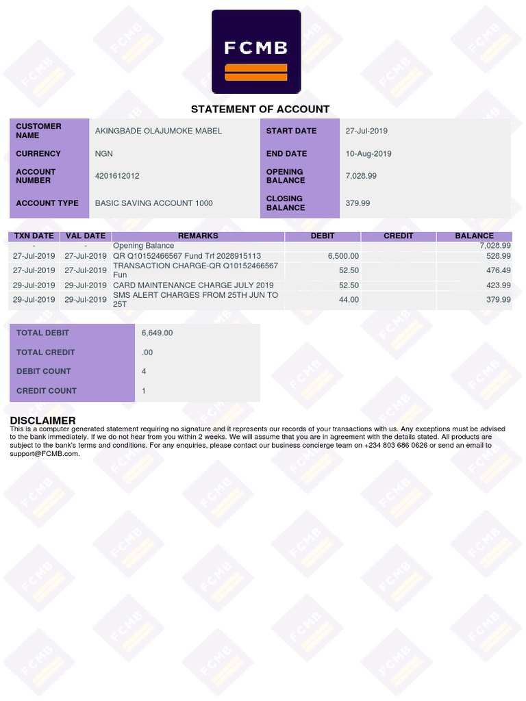 27 Jul 2019 To 10 Aug 2019 FCMB Statement PDF PDF Debit Card