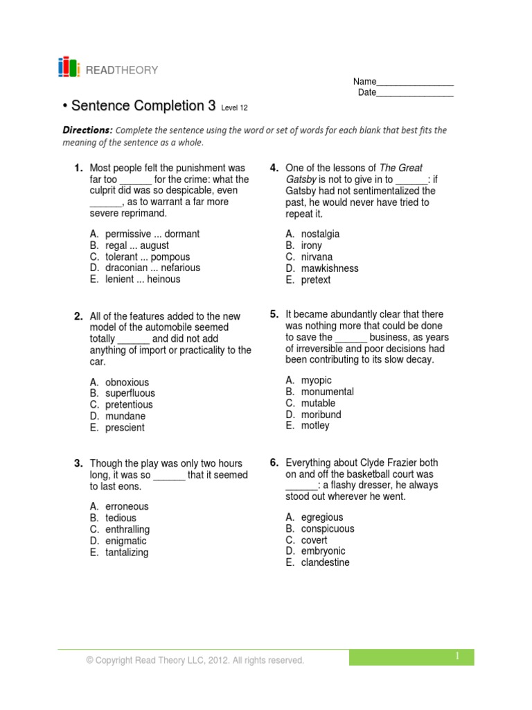 Level 12 Sentence Completion 3 Pdf Reserved Word Sentence