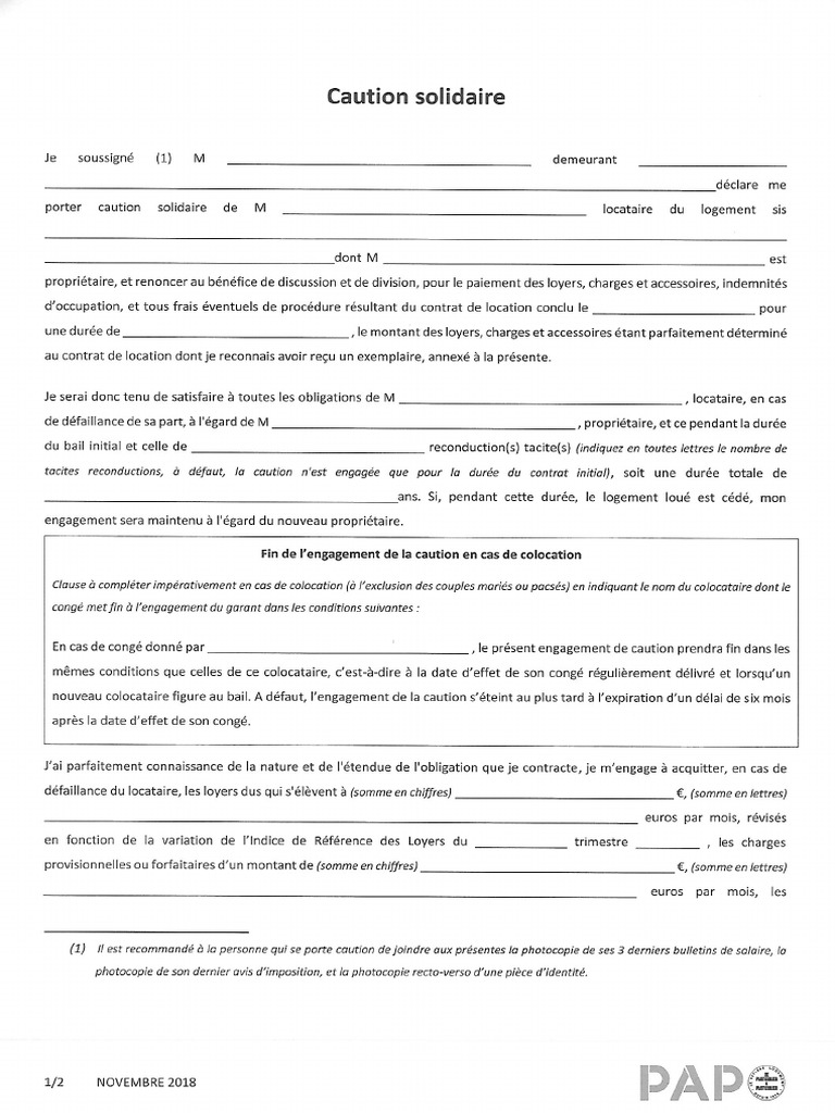 Acte De Caution Solidaire à Imprimer Gratuit