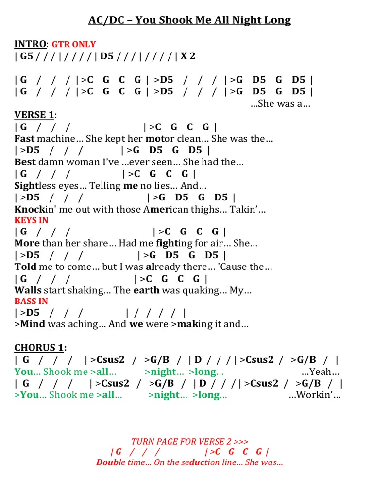 AC/DC: You Shook Me All Night Long Lyrics | PDF | Songs