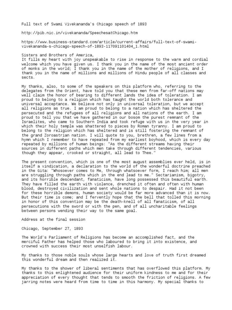 Swami Vivekananda S Chicago Speech Of 1893 Pdf Swami Vivekananda