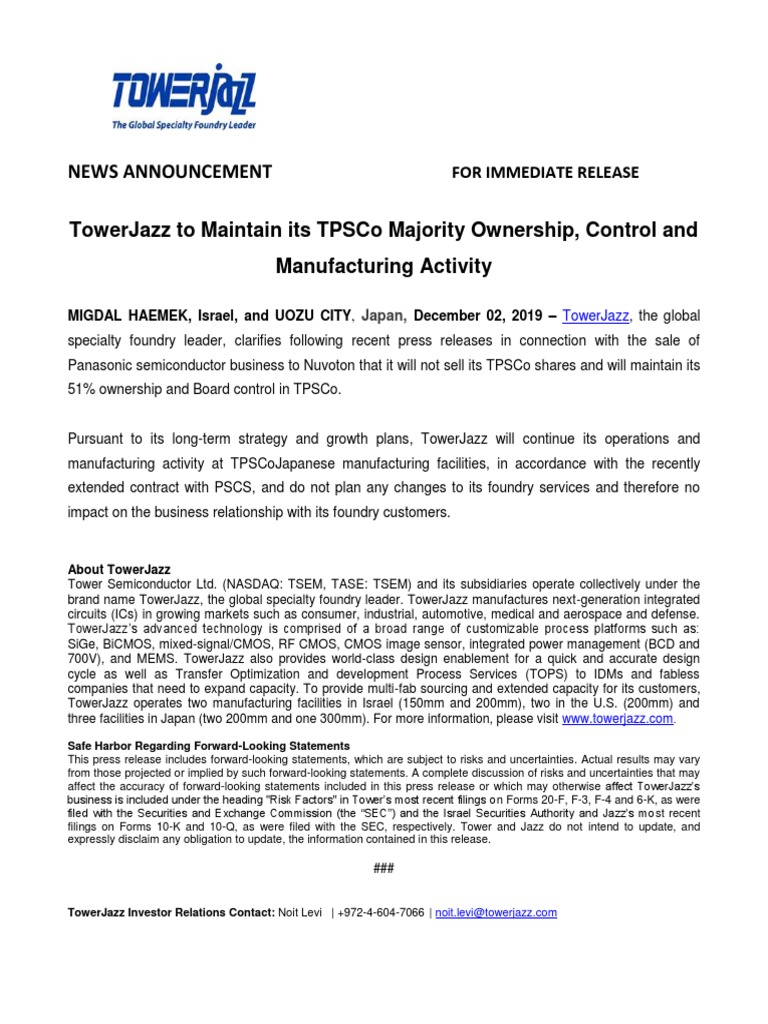 TowerJazz TPSCo Press Release PDF Semiconductor Devices Semiconductors