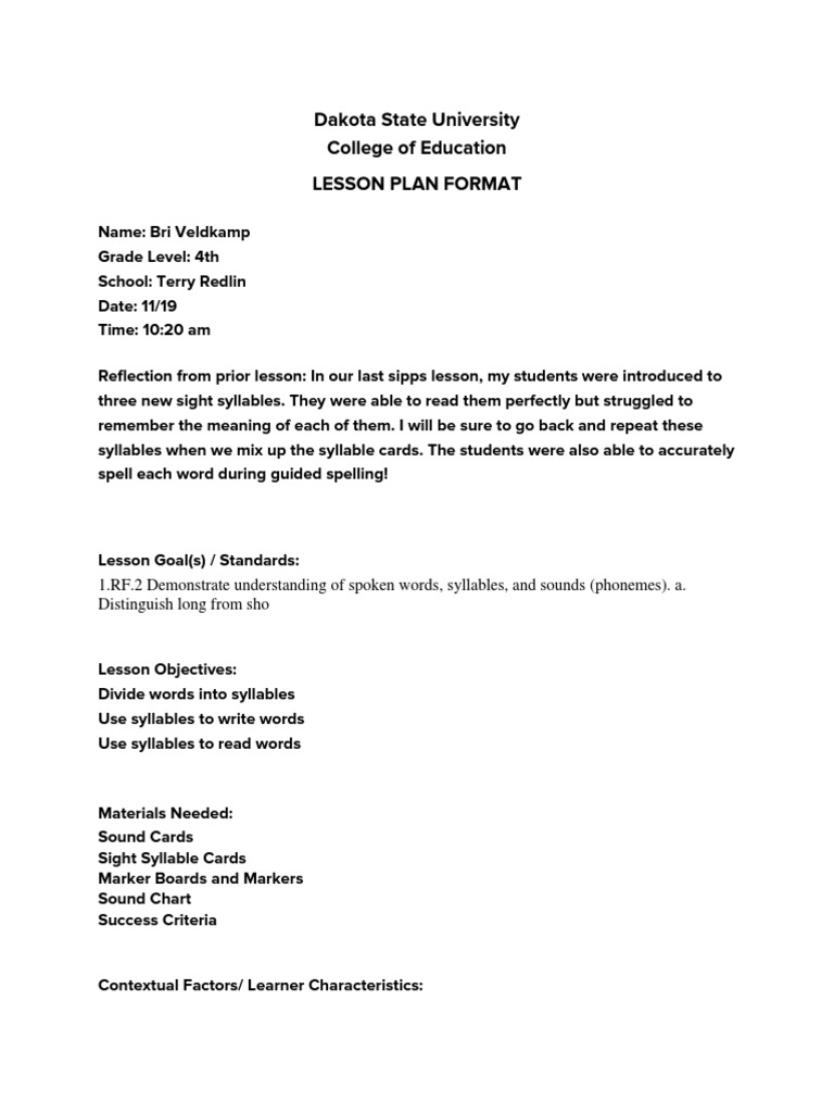Sipps Lesson Plan PDF Syllable Differentiated Instruction