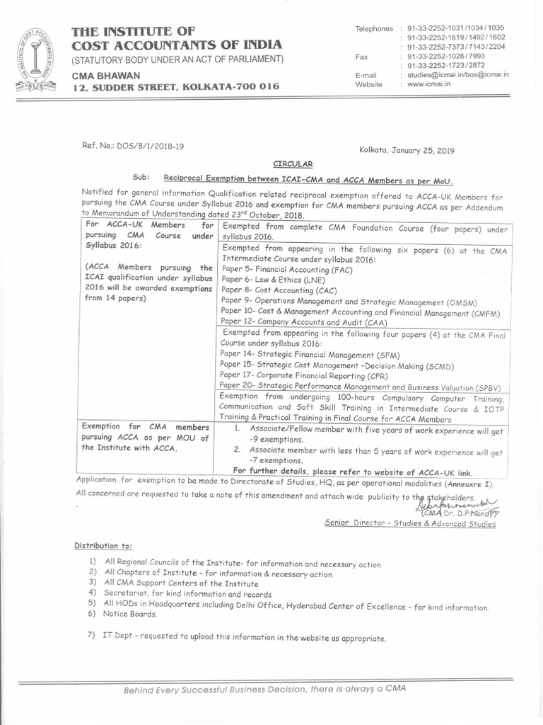 Exemption ICAI CMA ACCA UK PDF | PDF