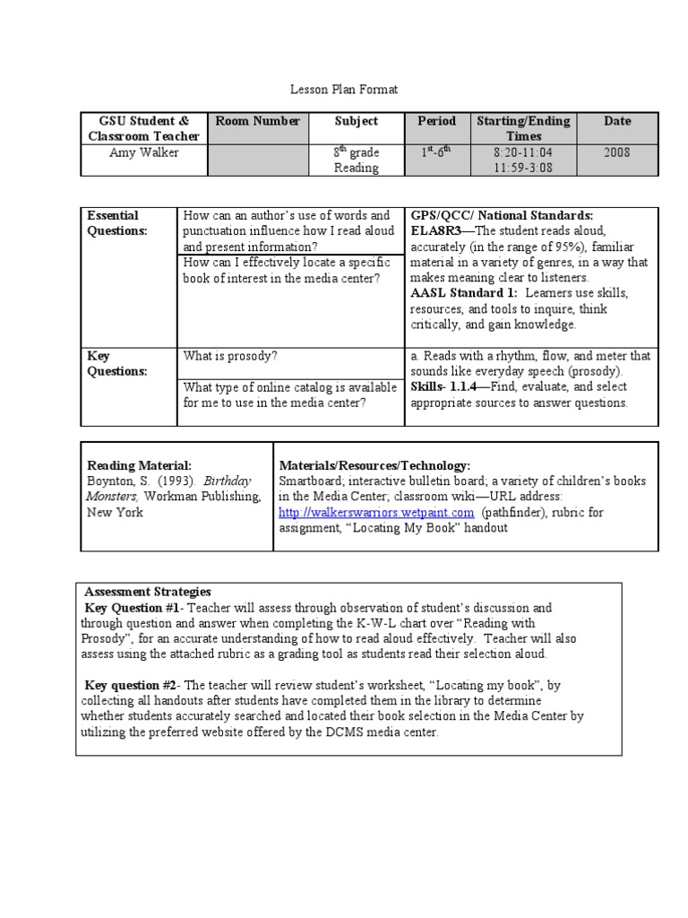 8th Grade Reading Lesson Plan: Prosody | PDF