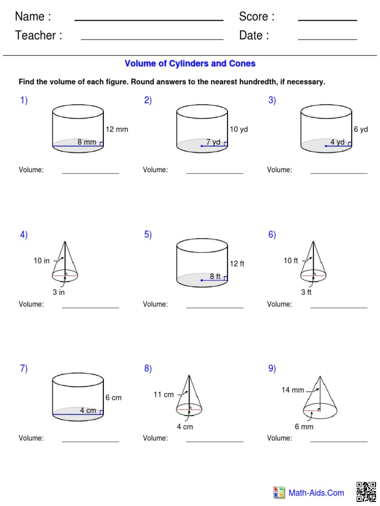 Geometry Volume - Cylinders - Cone  PDF  Nature Inside Volume Of Cylinders Worksheet