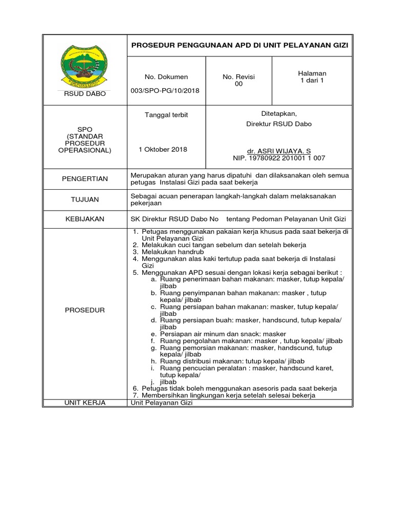 Sop Apd Di Unit Gizi | PDF