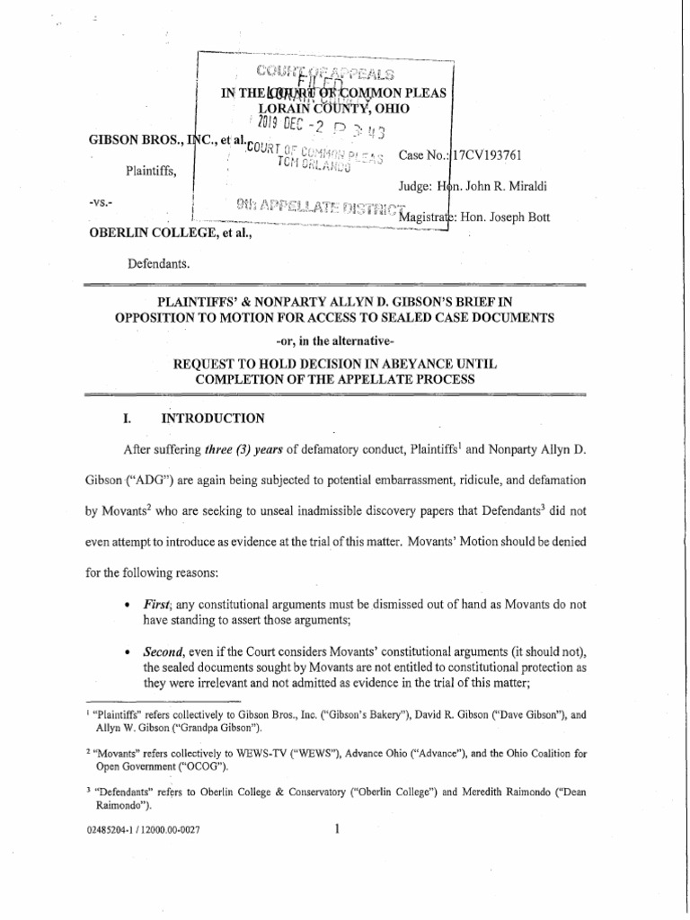 Gibson's Bakery v. Oberlin College Plaintiffs' Opposition To Media