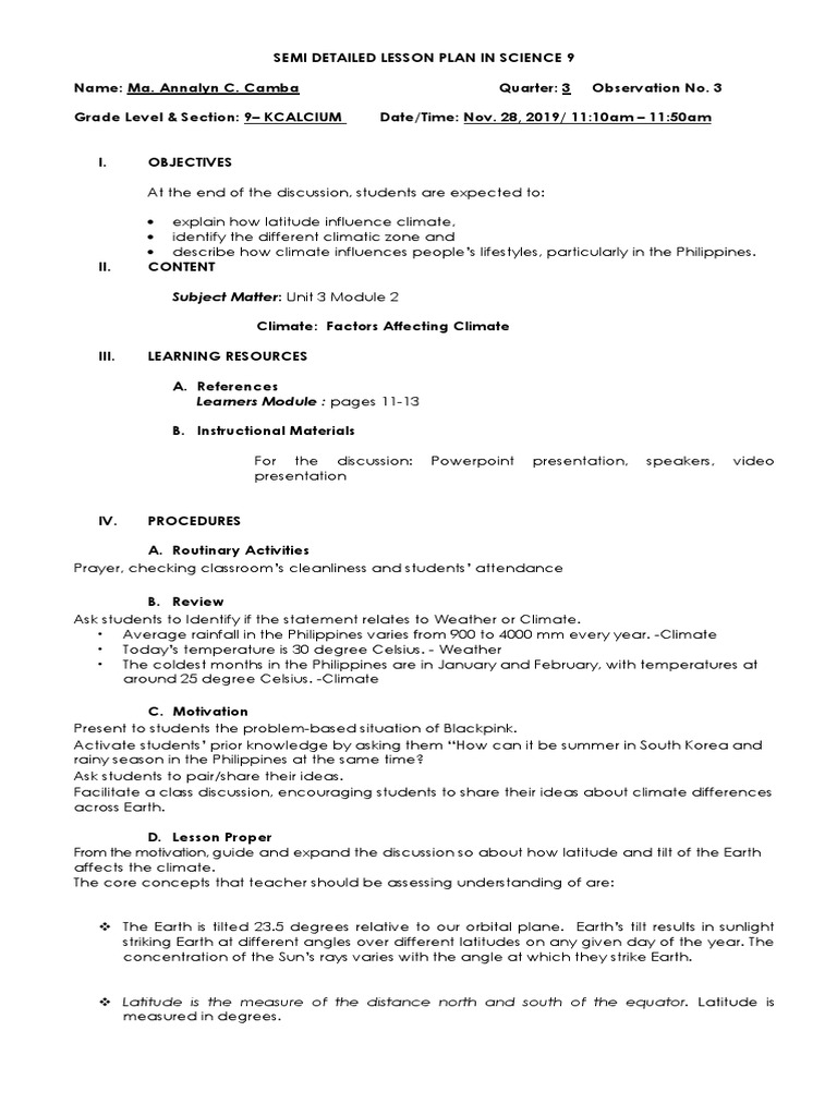 Factors Influencing Climate in Grade 9 | PDF | Equator | Lesson Plan