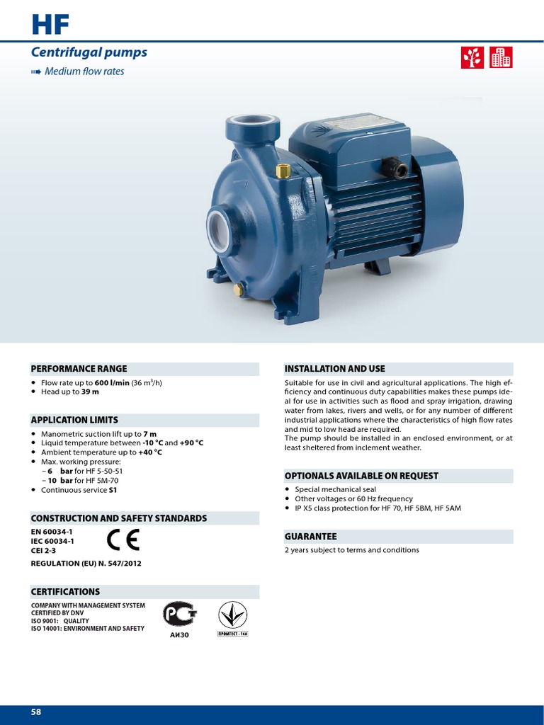Pedrollo Close Coupled Centrifugal Pump - Medium Flow Rate - HF | PDF
