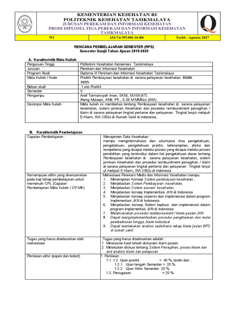 RPS Praktik Sistem Pembiayaan Kesehatan 2020 | PDF