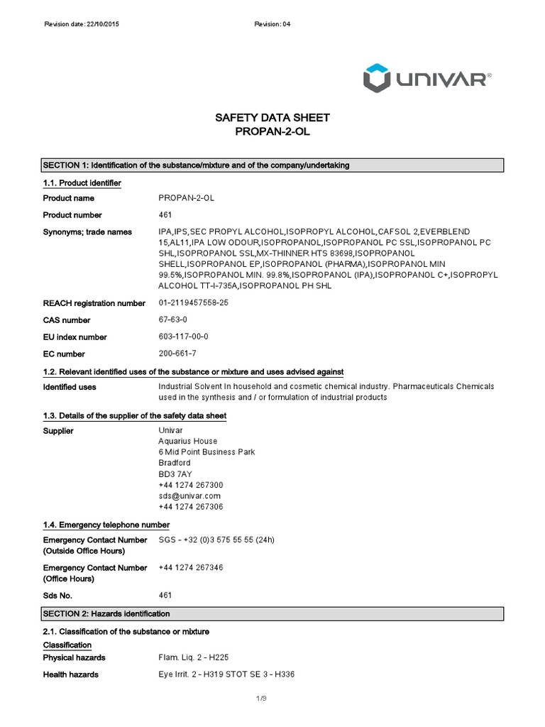 Propan-2-ol Safety Data Sheet | PDF | Toxicity | Carcinogen