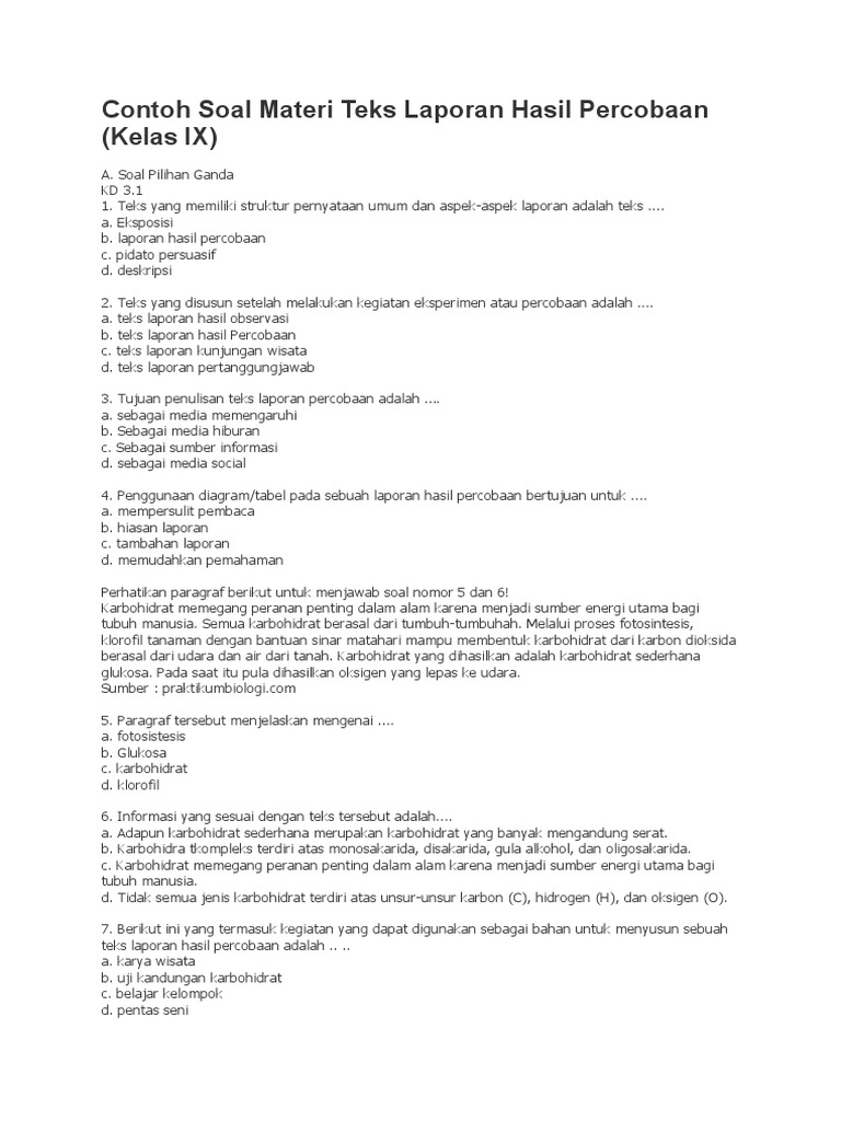 Contoh Soal Materi Teks Laporan Hasil Percobaan Kelas 9