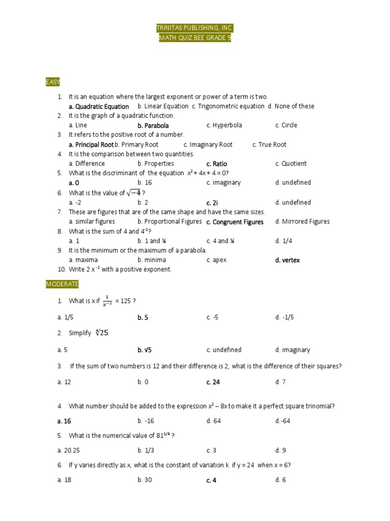 Math Quiz Bee Grade 9 Pdf Quadratic Equation Mathematical Concepts