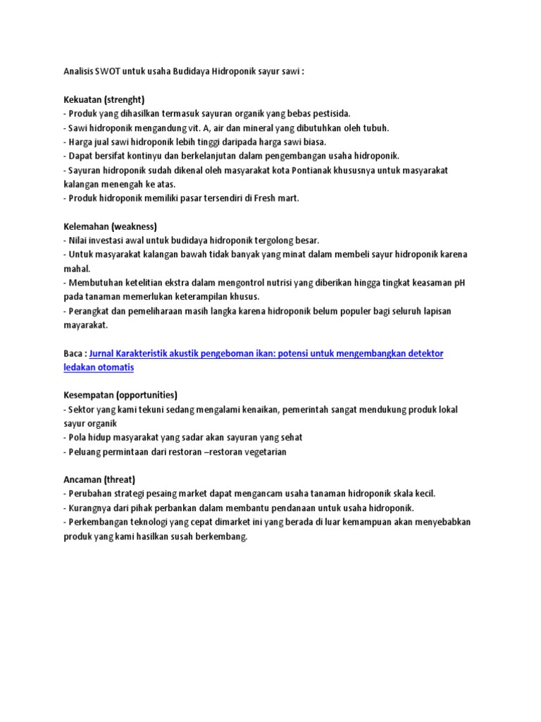 Analisis SWOT untuk usaha Budidaya Hidroponik sayur sawi.docx