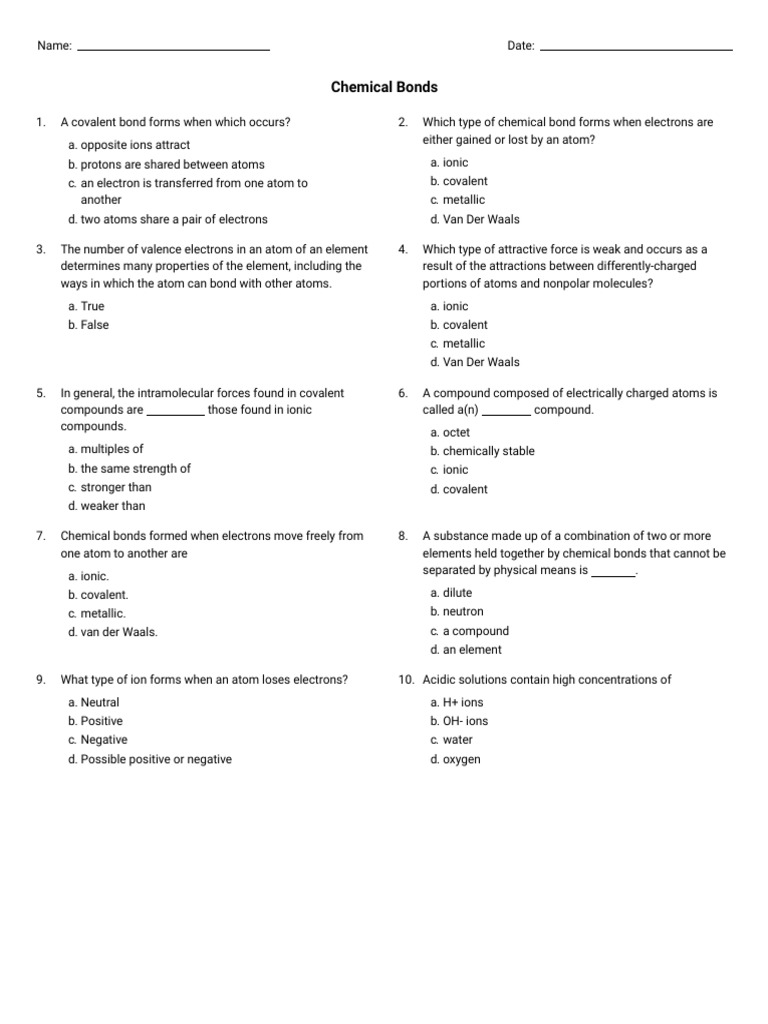 Chemical Bonds (Grade 9) - Free Printable Tests and Worksheets PDF ...