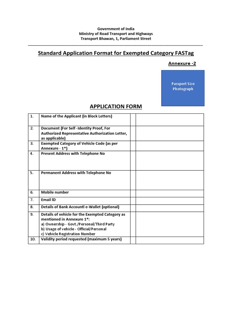 Fast Tag Exemption Application PDF Identity Document Government