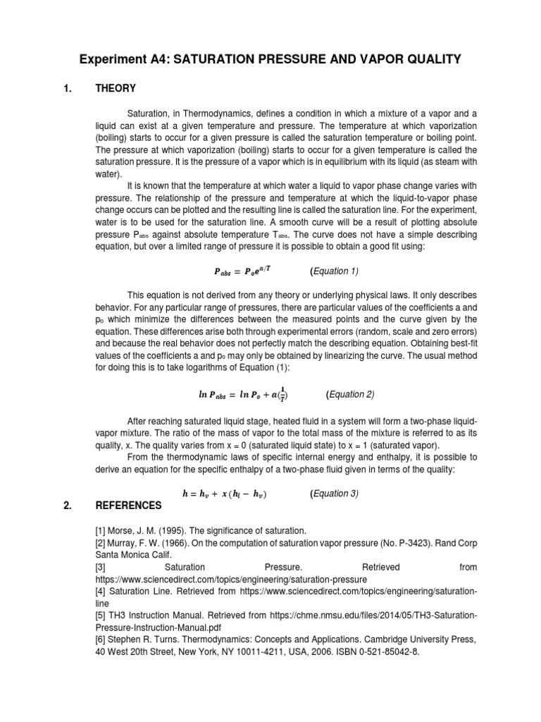 Saturation Pressure and Vapor Quality Experiment | PDF | Boiler ...