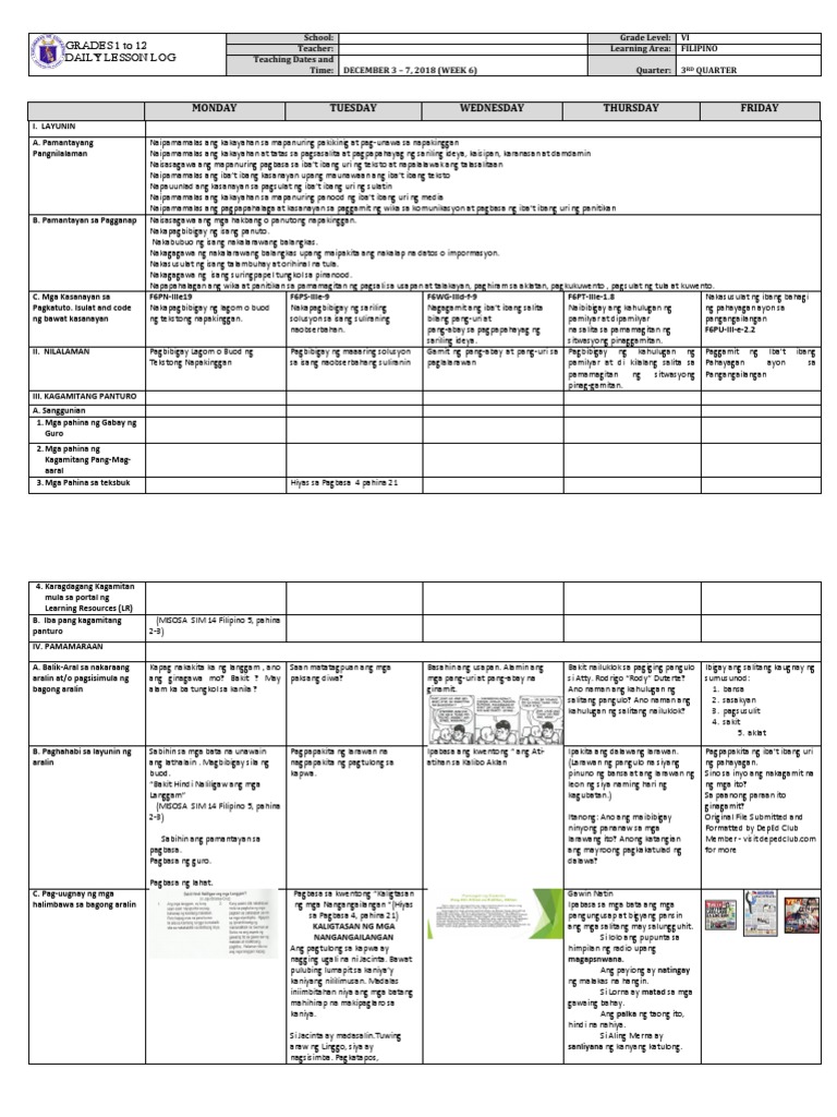 DLL - Filipino 6 - Q3 - W6 | PDF