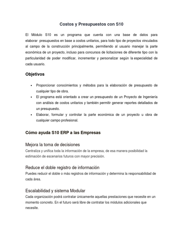 Costos y Presupuestos Con S10 | PDF | Planificación de recursos ...