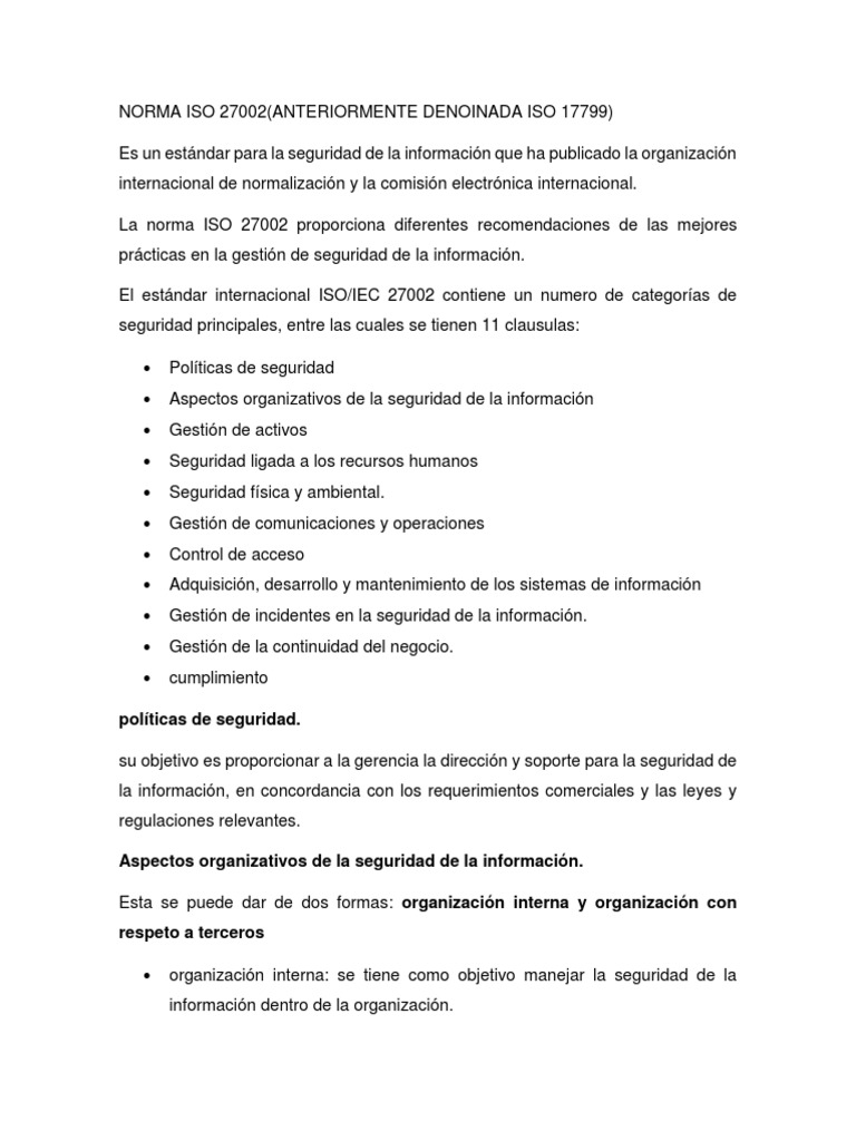 Resumen de la norma ISO 27002 | PDF | La seguridad informática | Seguridad