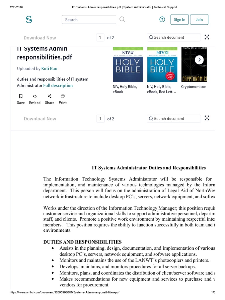 It Systems Admin Responsibilities - Pdf - System Administrator - Technical  Support Pdf | Pdf | Backup | Technical Support