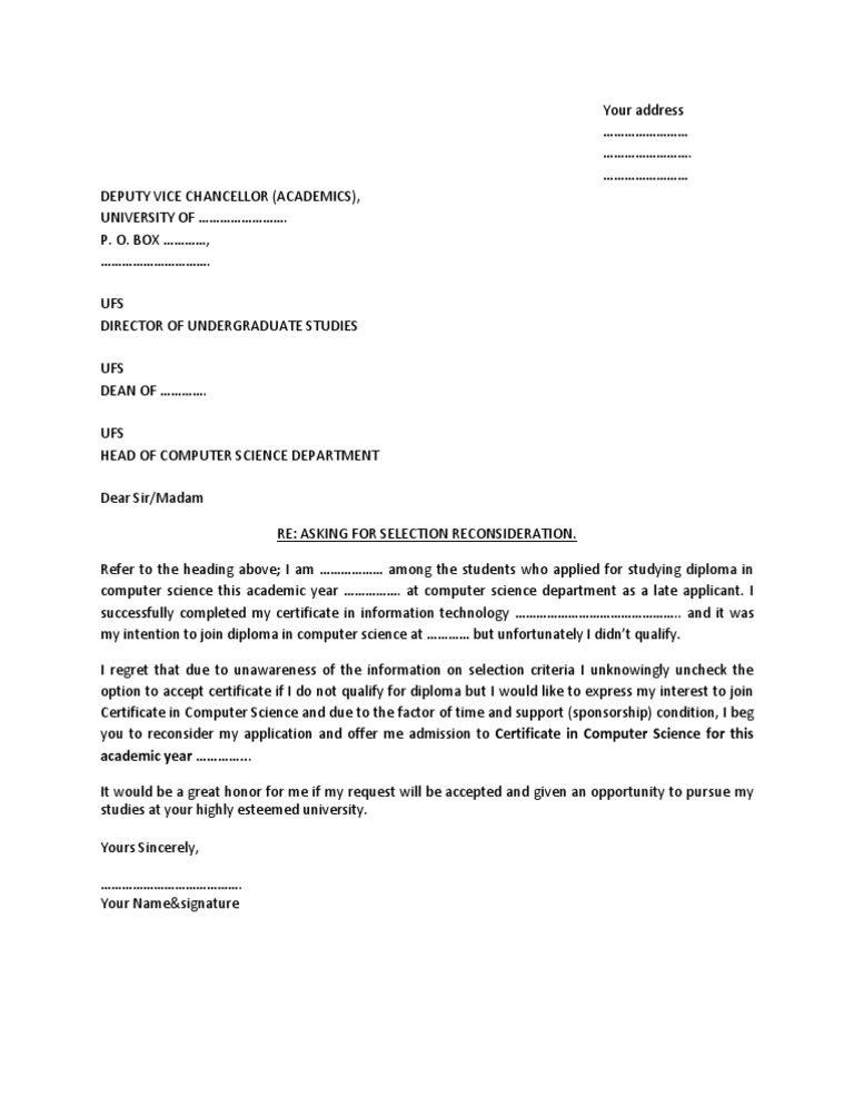 Sample Letter for Admission Reconsideration
