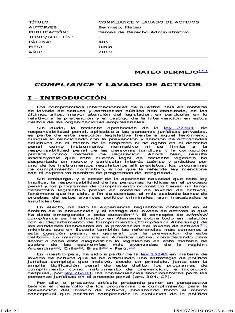 Compliance y Lavado de Activos | PDF | Derecho penal | Lavado de dinero