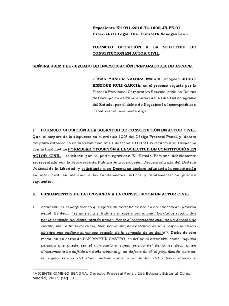 Formulo Oposicion A La Constitucion de Actor Cvil - Delito Contra ...