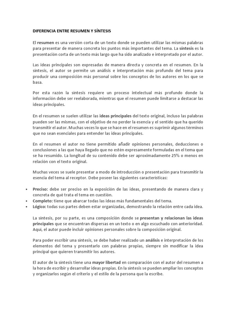 Diferencia Entre Resumen y Síntesis Autor Esencia