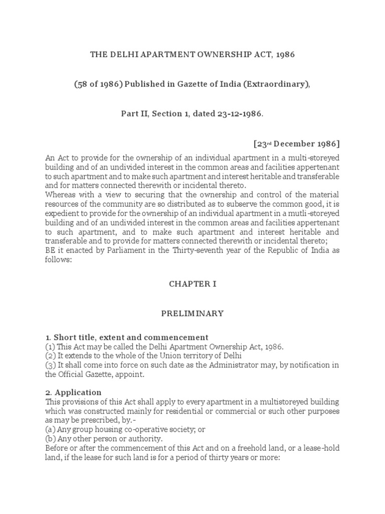 The Delhi Apartment Ownership Act PDF Concurrent Estate Lease