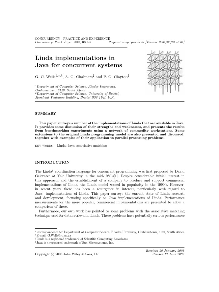 Linda Implementations in Java For Concurrent Systems: G. C. Wells, A. G ...