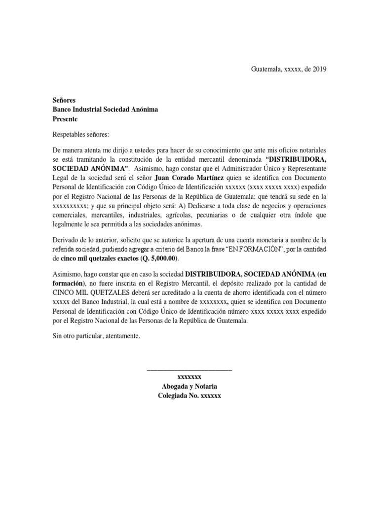 Carta Apertura Cuenta Bancaria Sociedad