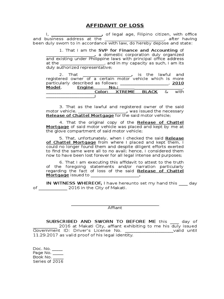 Affidavit of Loss Release of Chattel Mortgage.10.26.16 PDF