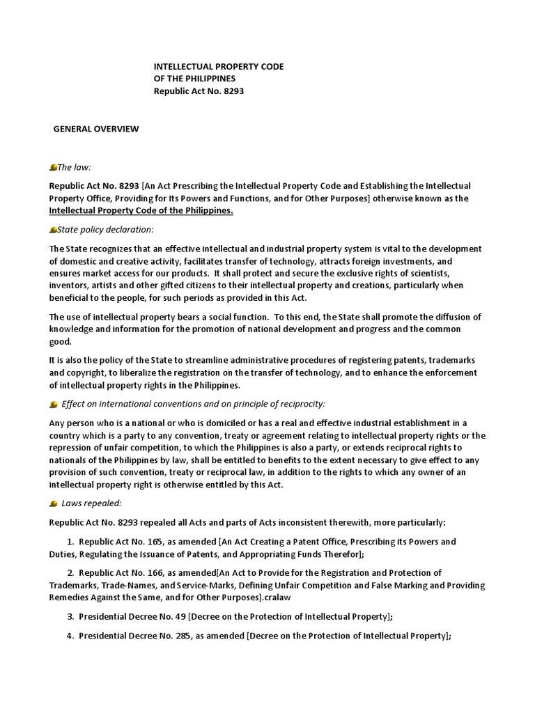 Intellectual Property Code of The Philippines (Summarized) PDF
