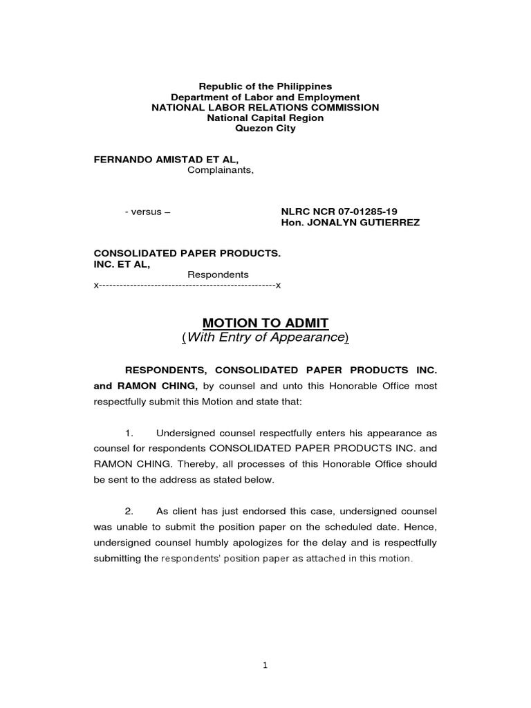 Amistad Et Al vs. CPPI - Motion To (With Entry of Appearance) | PDF