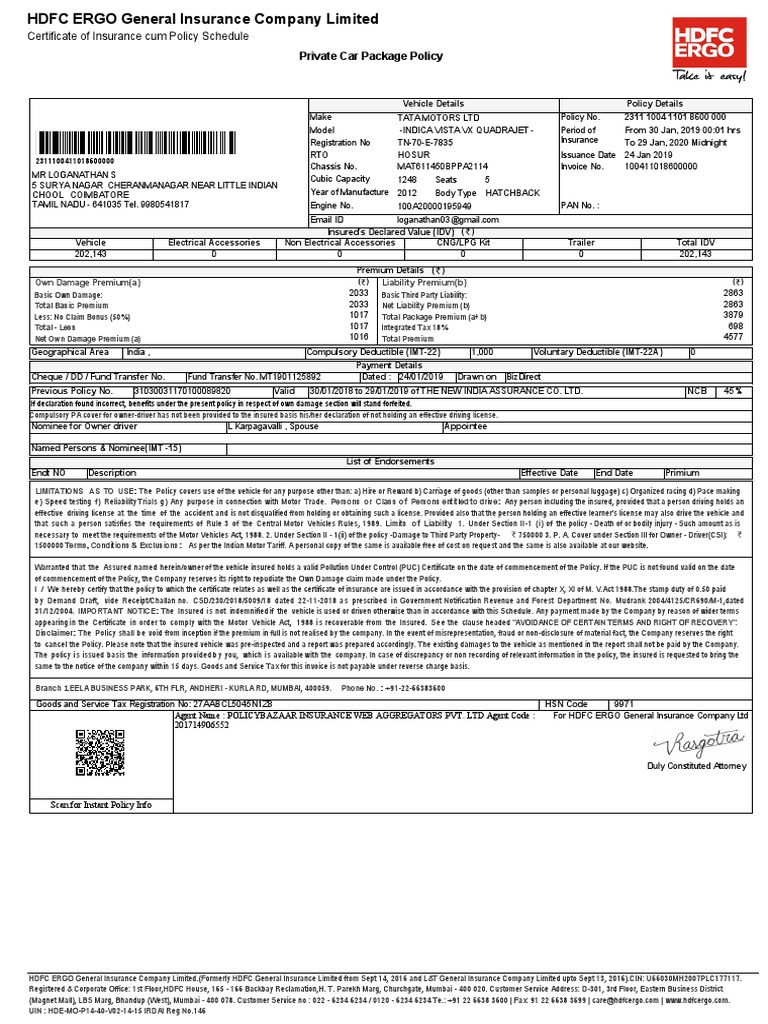 HDFC Ergo Car Insurance Policy Details | PDF | Insurance Policy | Insurance